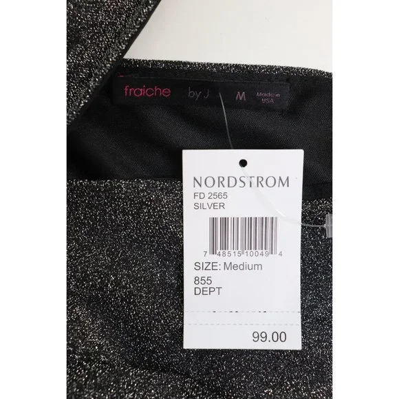 NWT Fraiche by J Metallic Shimmer Deep V-Neck Fit & Flare Minidress Silver Black - Picture 5 of 8